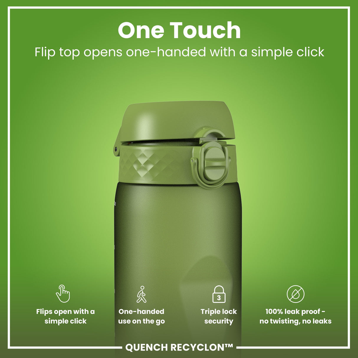ION8 Leak Proof 1 litre Water Bottle, Recyclon, Khaki Green, 1L