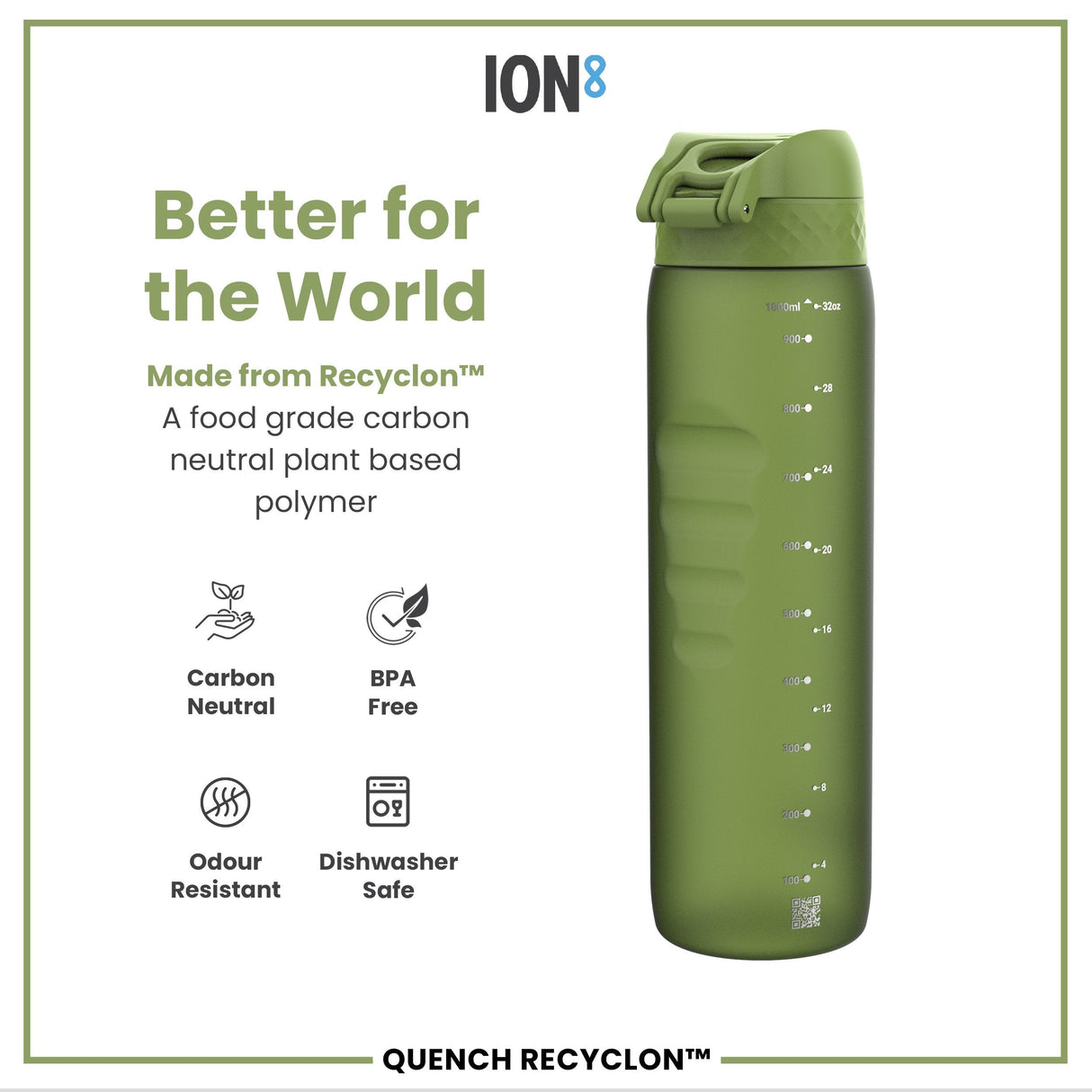 ION8 Leak Proof 1 litre Water Bottle, Recyclon, Khaki Green, 1L