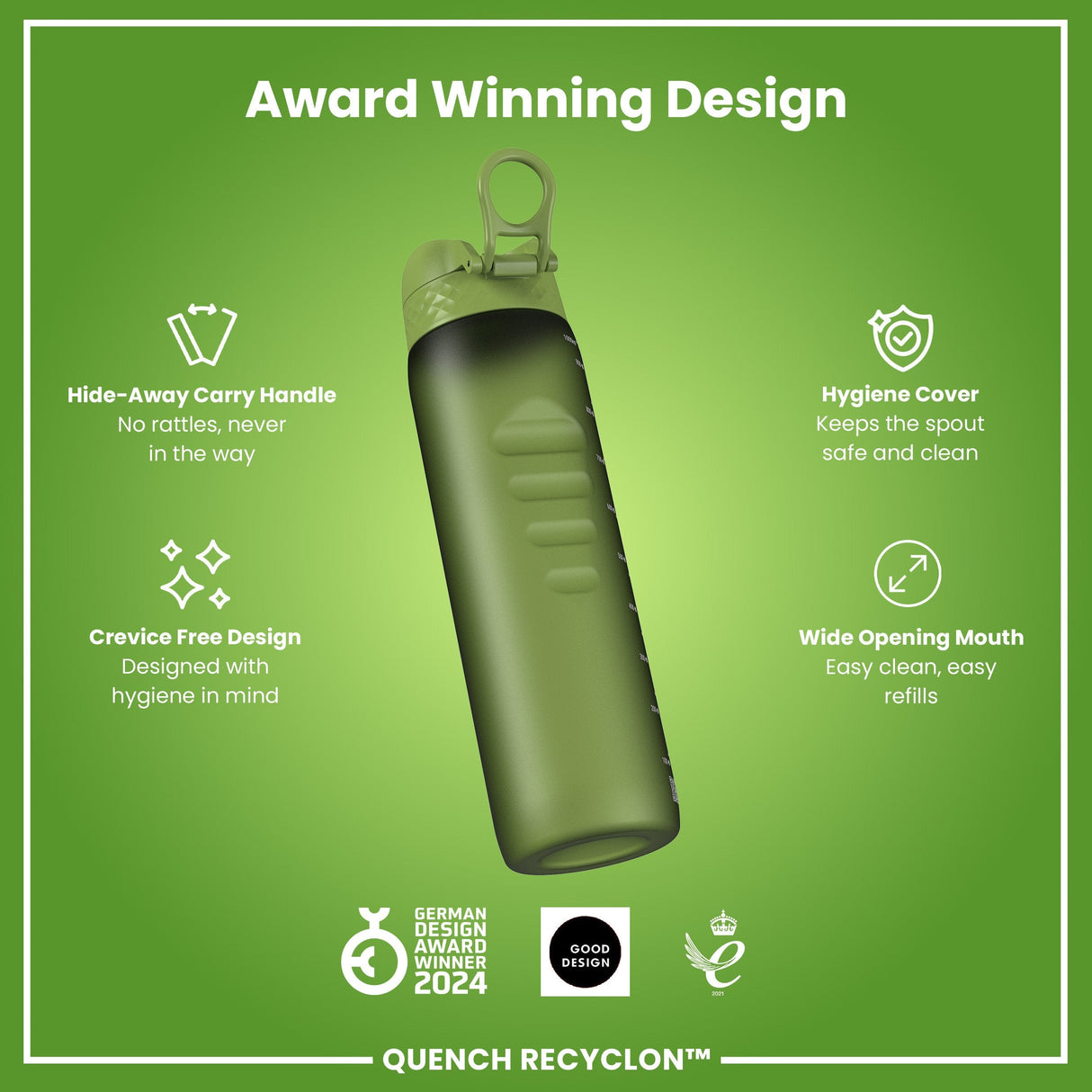 ION8 Leak Proof 1 litre Water Bottle, Recyclon, Khaki Green, 1L