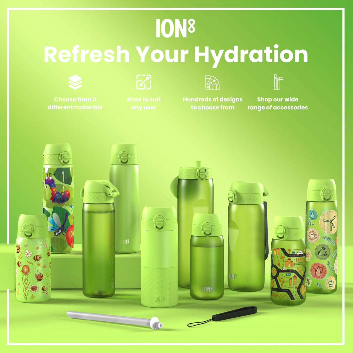ION8 Leak Proof 1 litre Water Bottle, Recyclon, Khaki Green, 1L