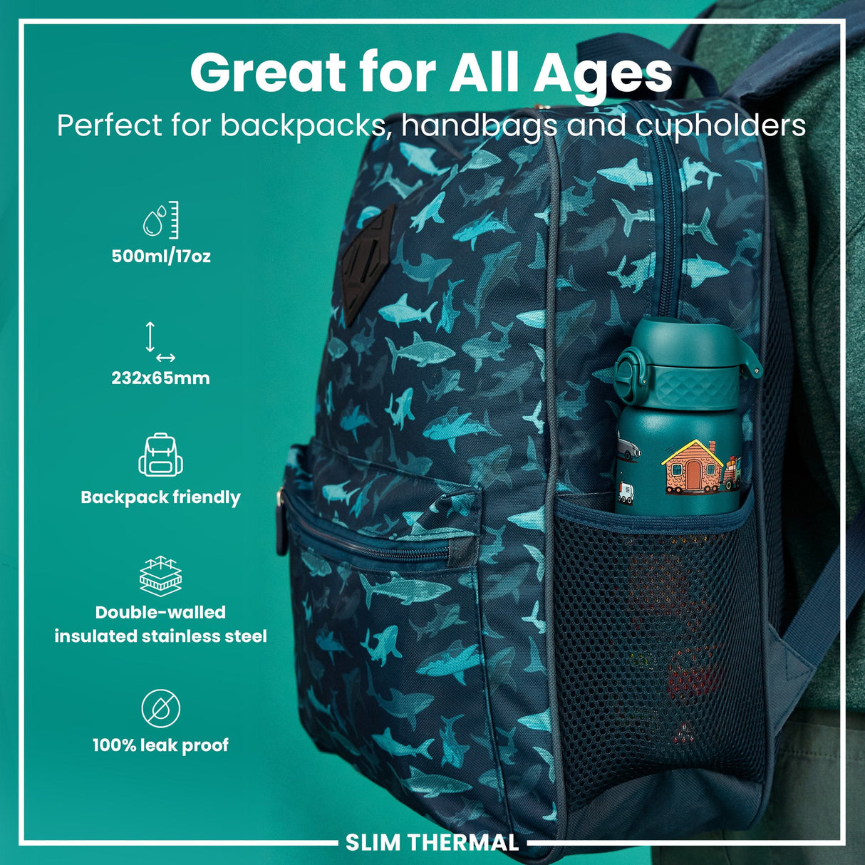 ION8 Leak Proof Slim Thermal Steel Water Bottle, Insulated, Automobiles, 500ml (17oz)