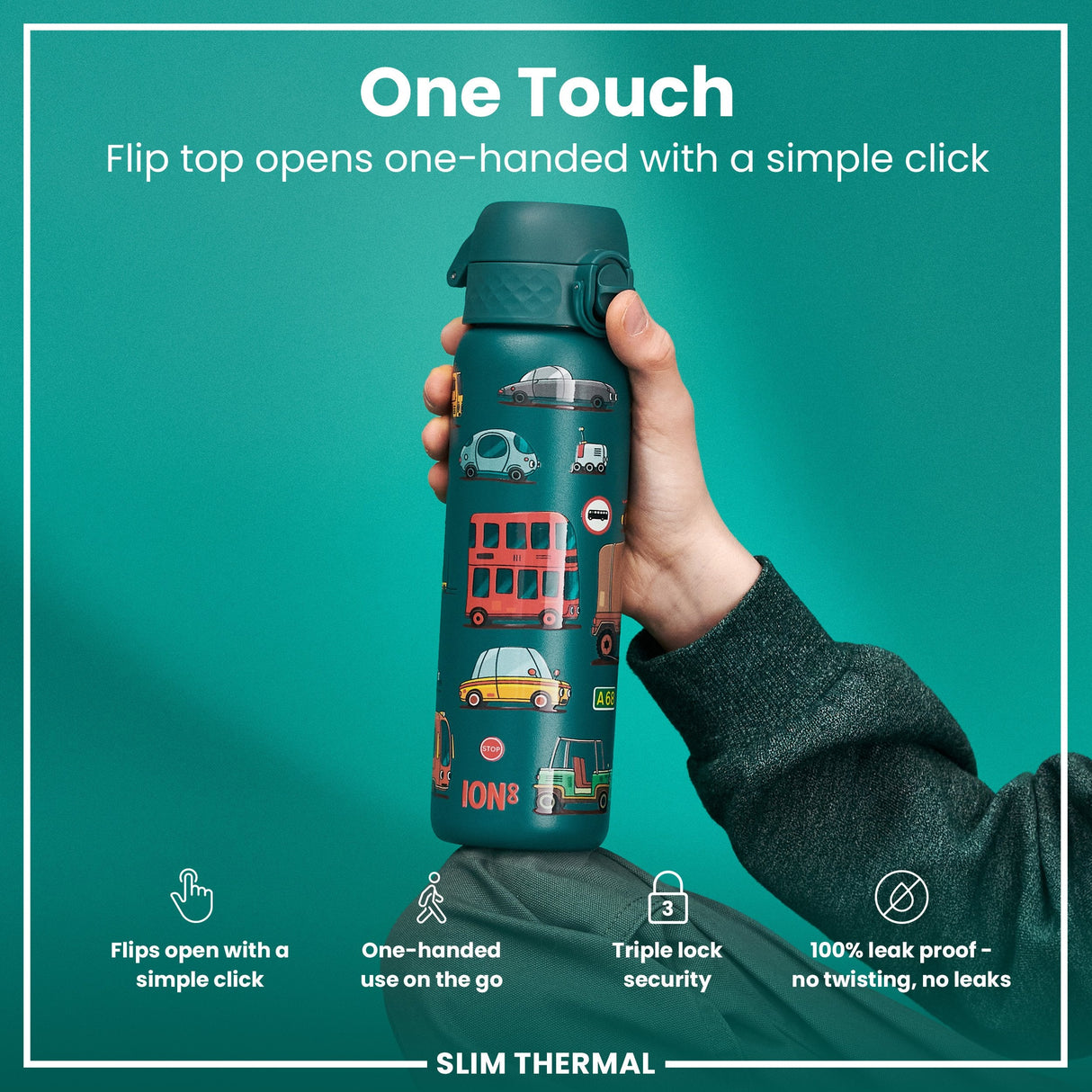 ION8 Leak Proof Slim Thermal Steel Water Bottle, Insulated, Automobiles, 500ml (17oz)