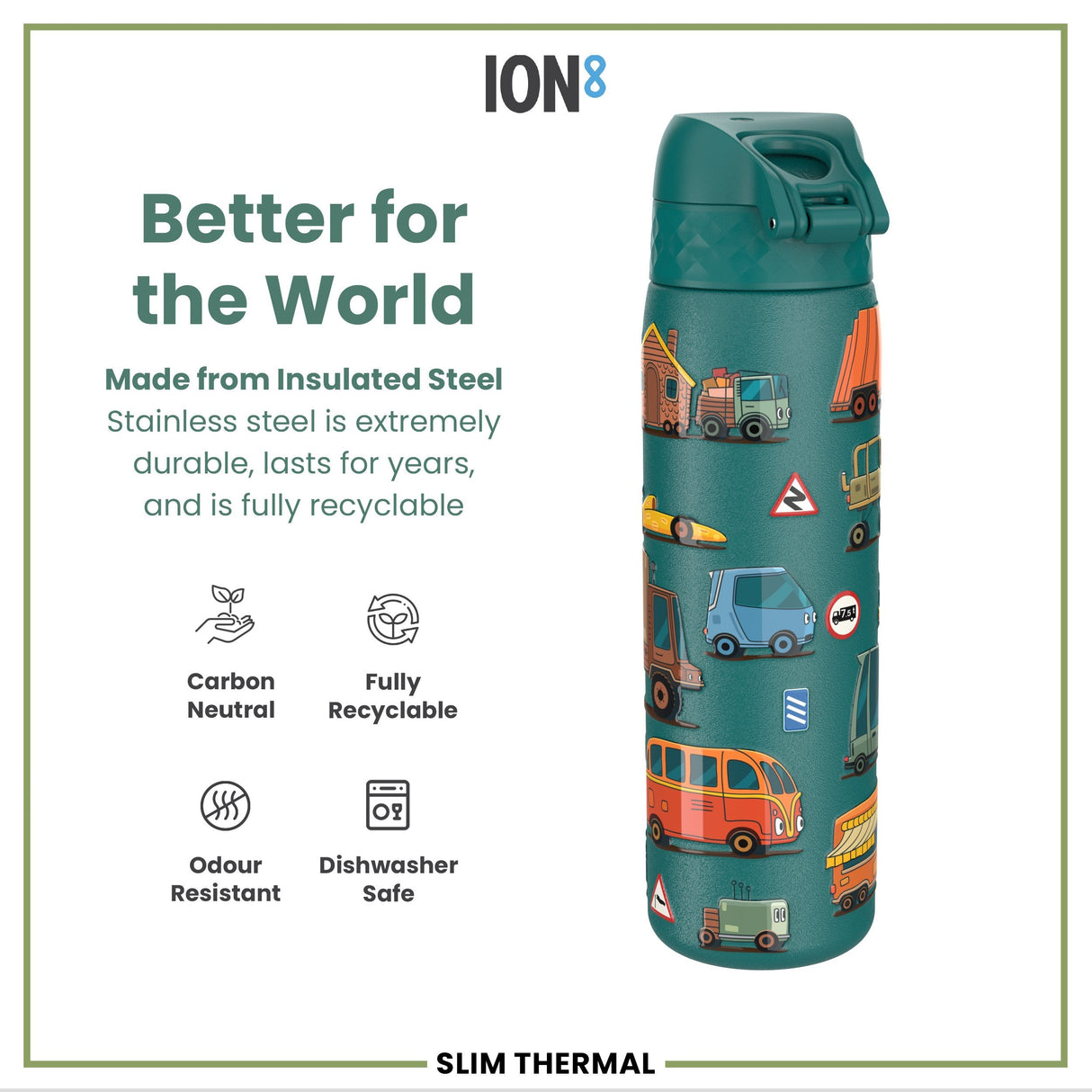 ION8 Leak Proof Slim Thermal Steel Water Bottle, Insulated, Automobiles, 500ml (17oz)
