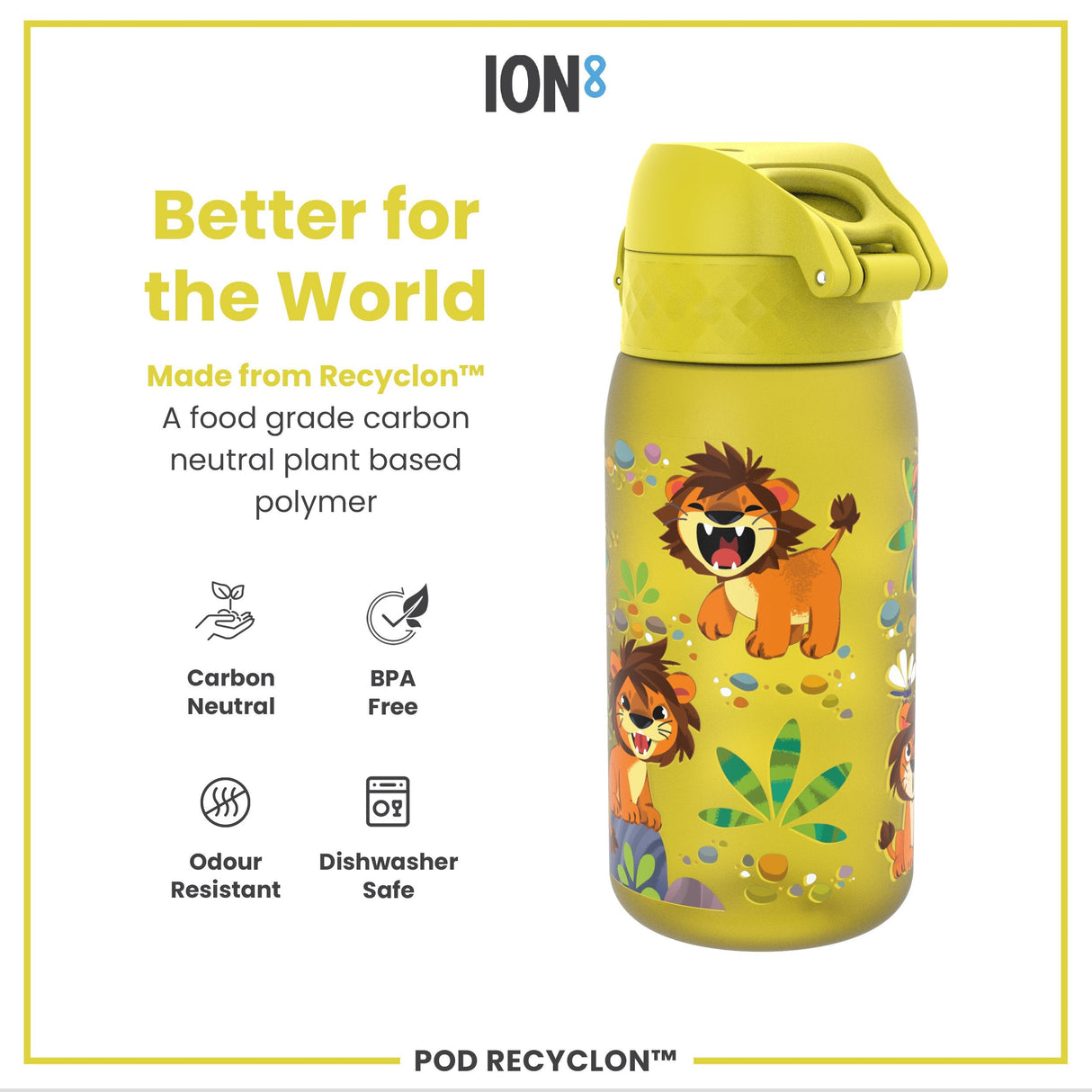 ION8 Leak Proof Kids Water Bottle, Recyclon, Baby Lions, 350ml (12oz)