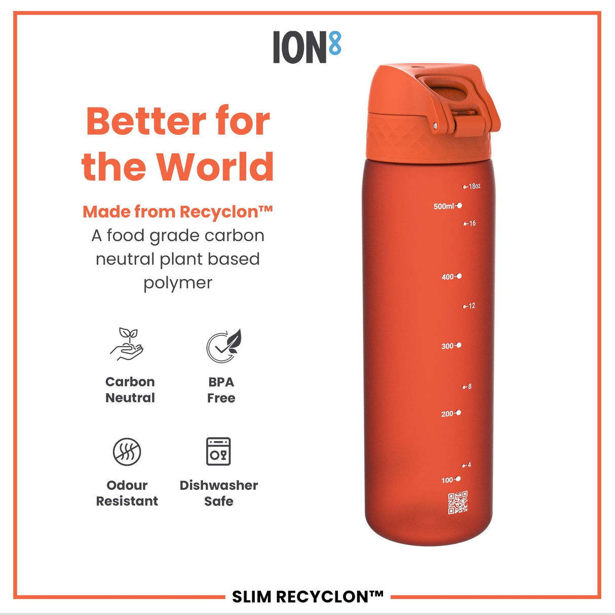 ION8 Leak Proof Slim Water Bottle, Recyclon, Hearty Orange, 500ml (18oz)