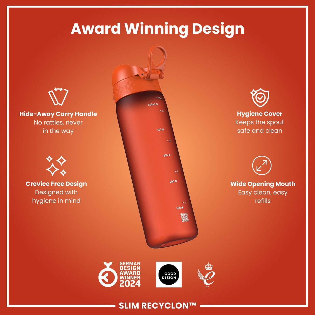 ION8 Leak Proof Slim Water Bottle, Recyclon, Hearty Orange, 500ml (18oz)