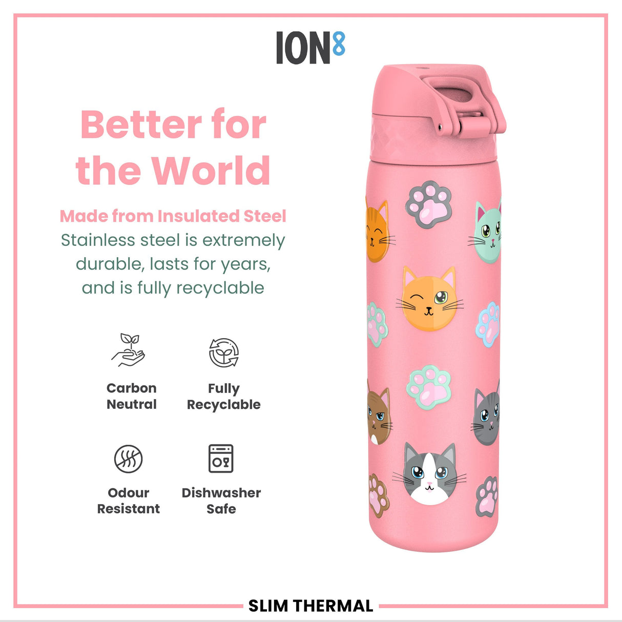 ION8 Leak Proof Slim Thermal Steel Water Bottle, Insulated, Cats, 500ml (17oz)