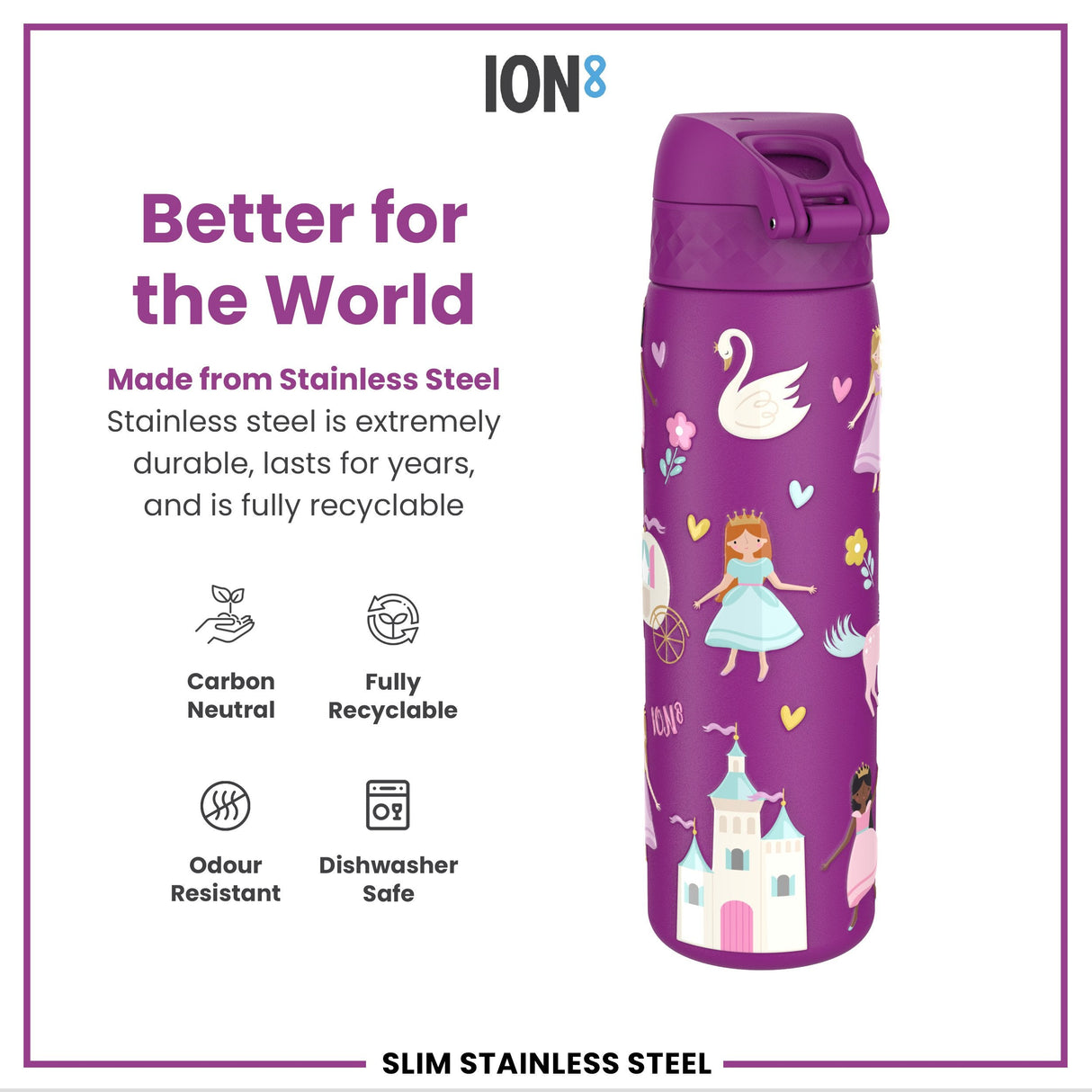 ION8 Leak Proof Slim Thermal Water Bottle, Insulated Steel, Princess, 500ml (17oz)