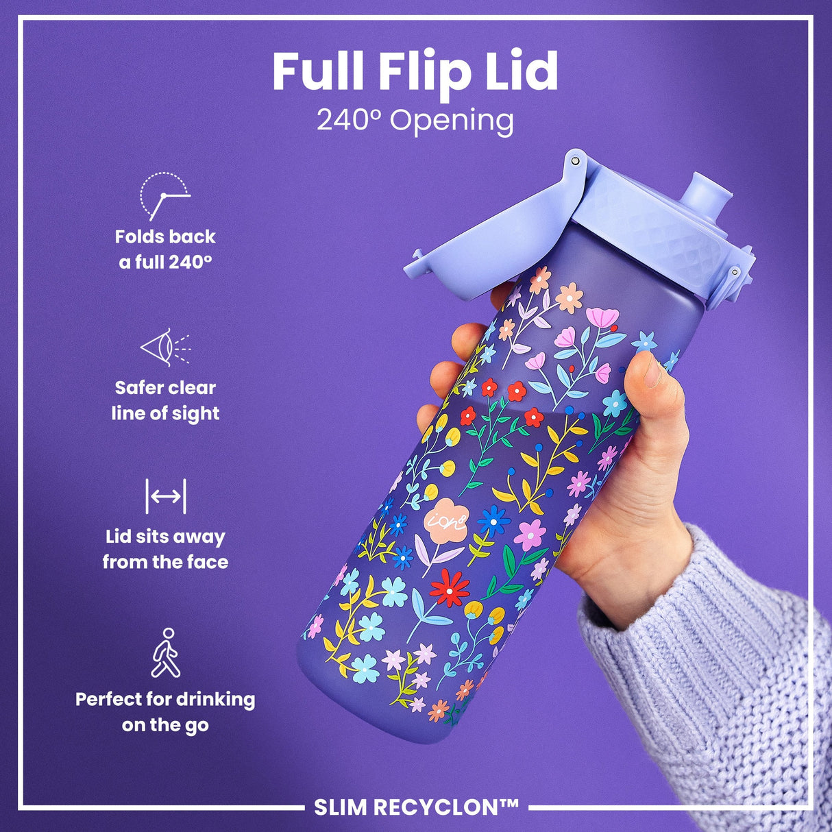 ION8 Leak Proof Slim Water Bottle, Recyclon, Ditsy Floral, 500ml (18oz)