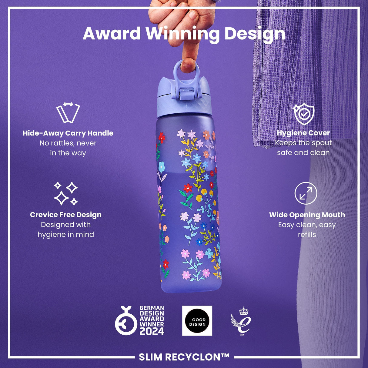 ION8 Leak Proof Slim Water Bottle, Recyclon, Ditsy Floral, 500ml (18oz)