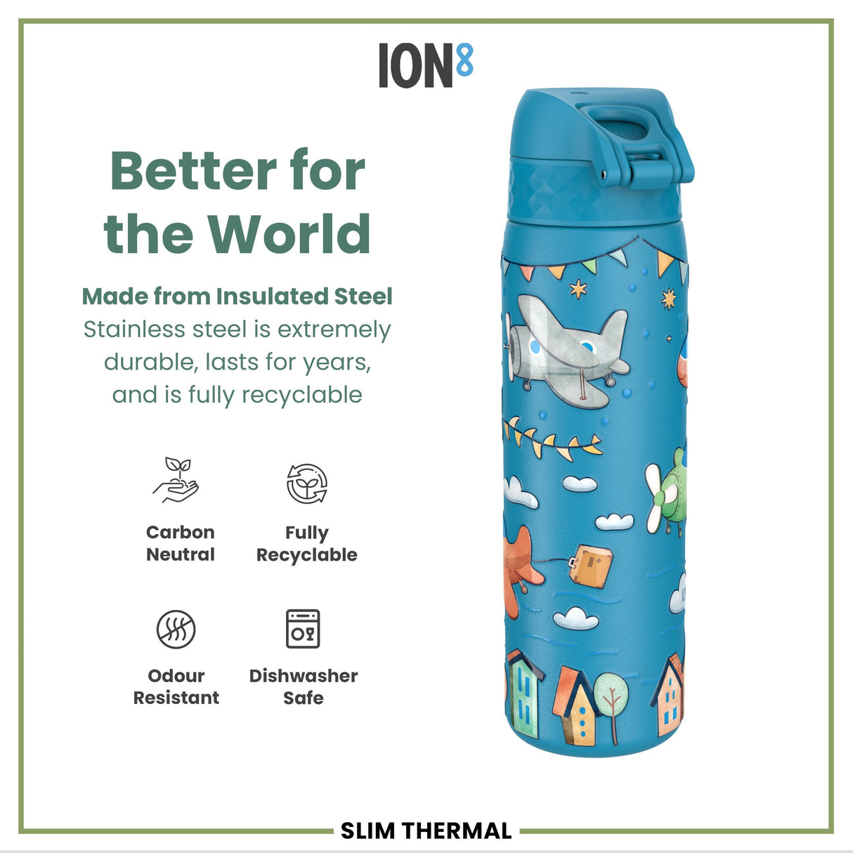 ION8 Leak Proof Slim Thermal Water Bottle, Insulated Steel, Airplanes, 500ml (17oz)