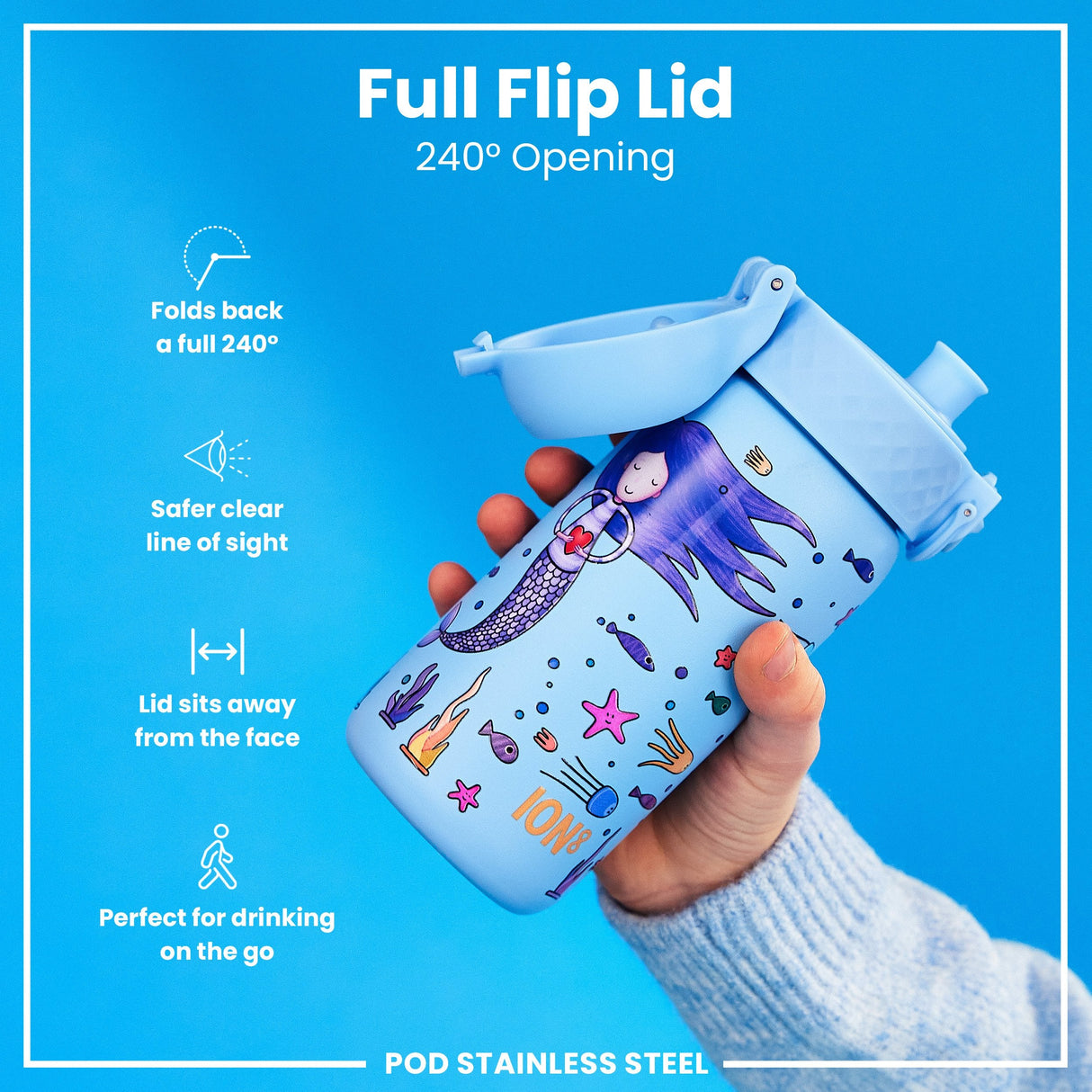 ION8 Leak Proof Kids Water Bottle, Stainless Steel, Mermaids, 400ml (13oz)