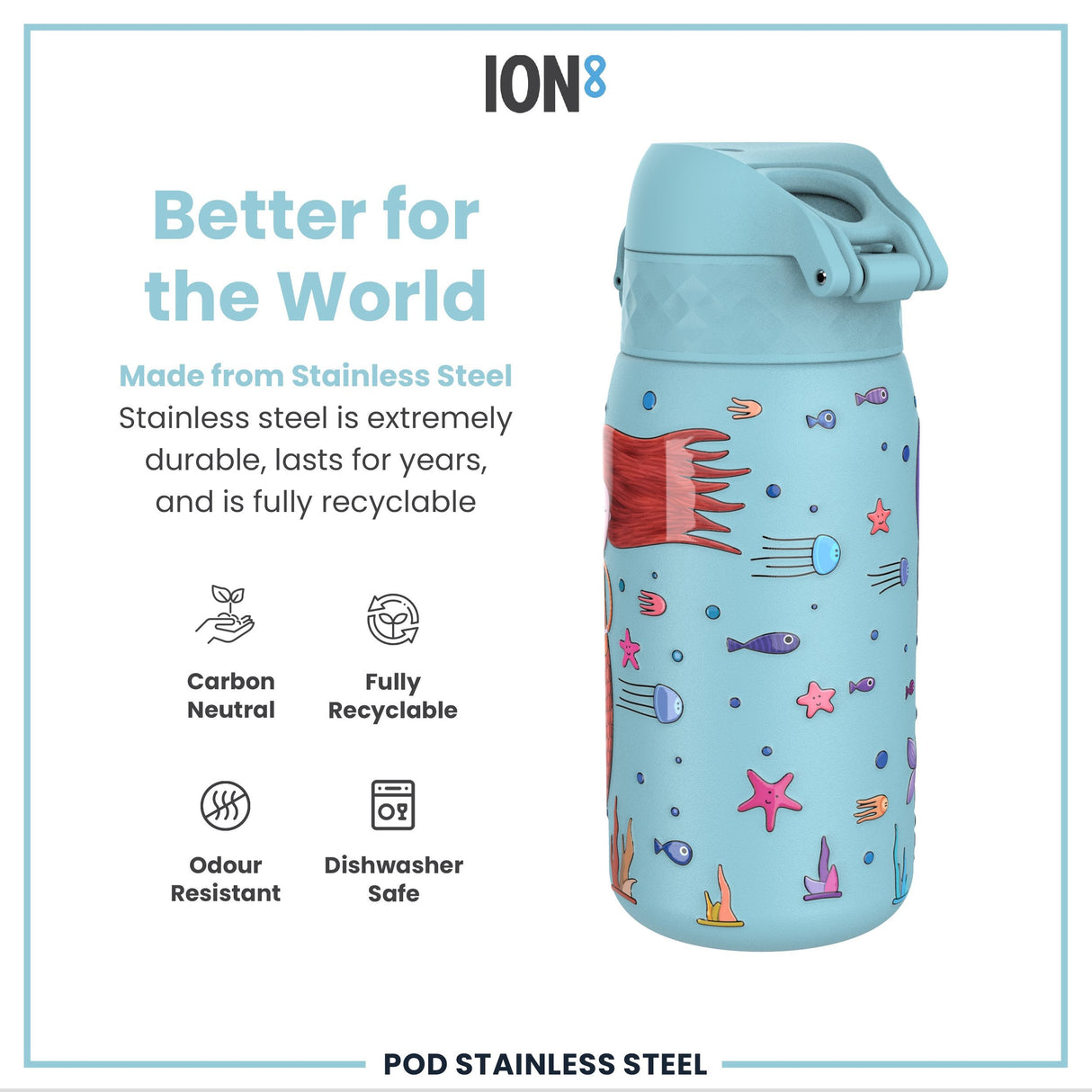 ION8 Leak Proof Kids Water Bottle, Stainless Steel, Mermaids, 400ml (13oz)