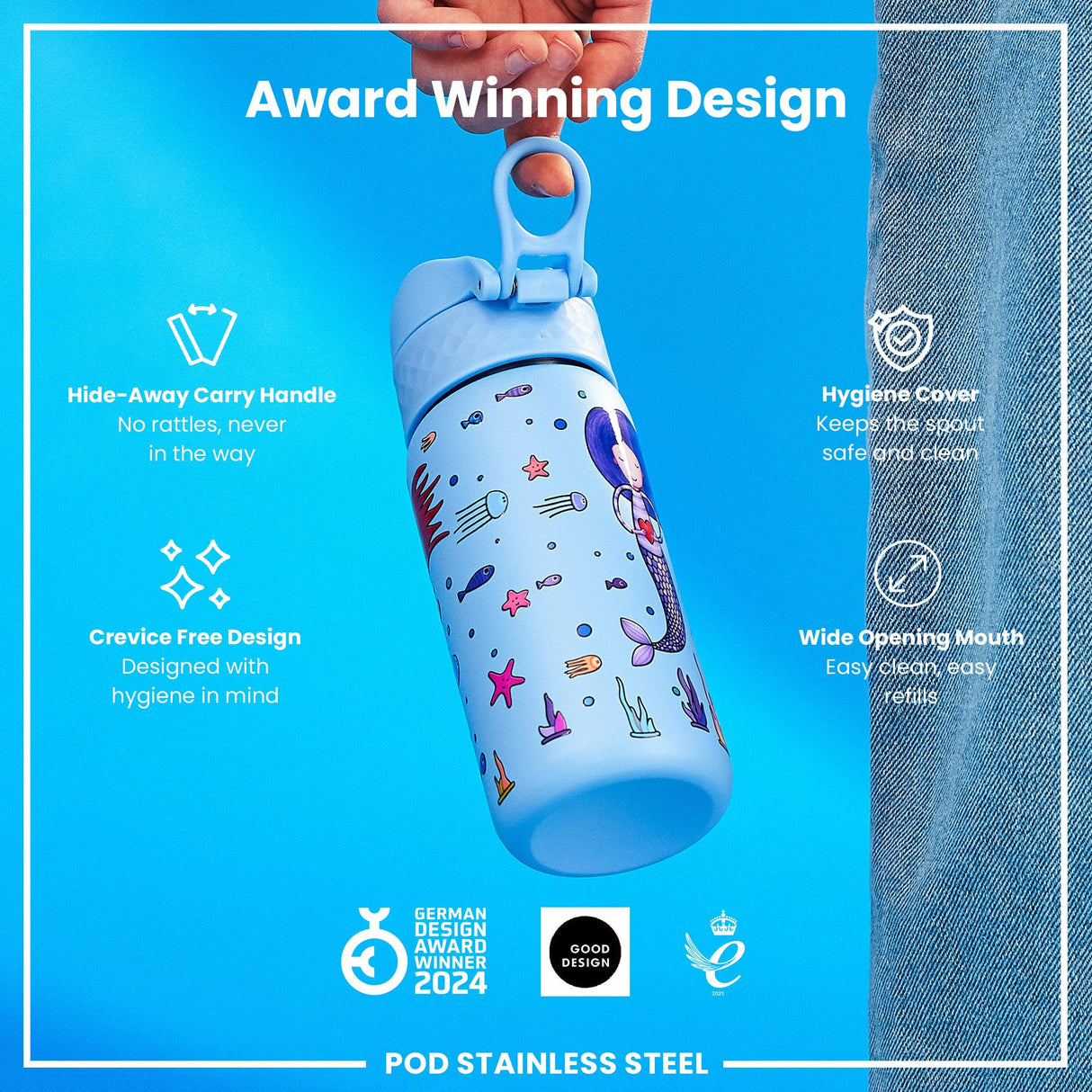 ION8 Leak Proof Kids Water Bottle, Stainless Steel, Mermaids, 400ml (13oz)