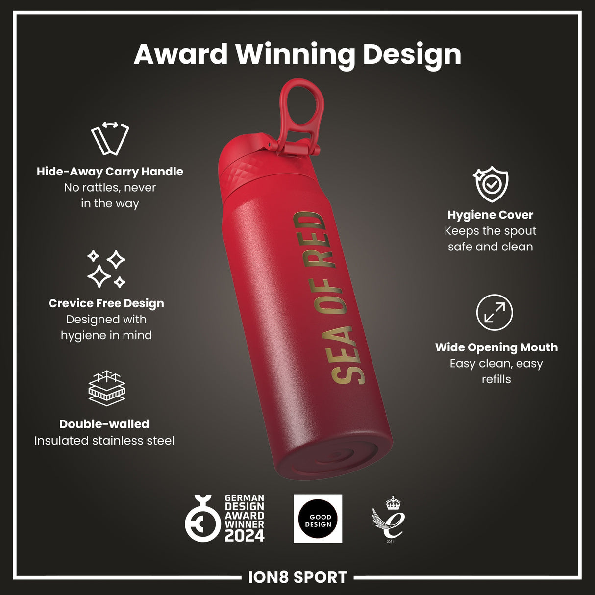 Lions X ION8 Insulated Steel Water Bottle, British & Irish Lions, Sea of Red, 750ml (24oz)