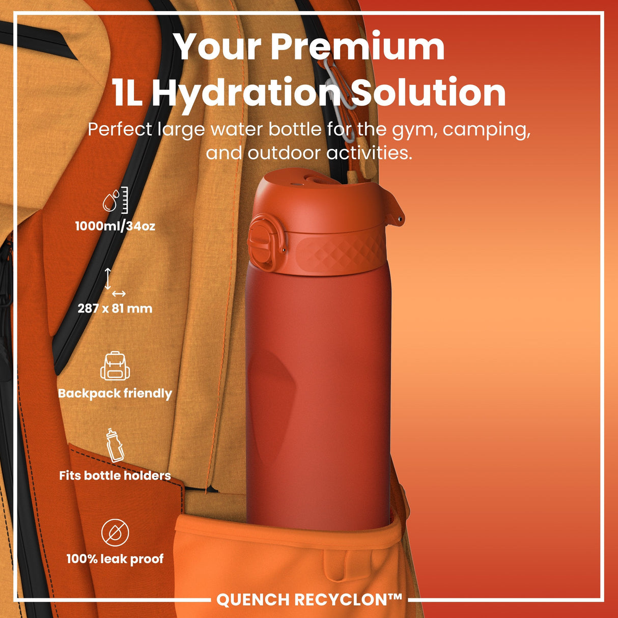 ION8 Leak Proof 1 litre Water Bottle, Recyclon, Hearty Orange, 1L