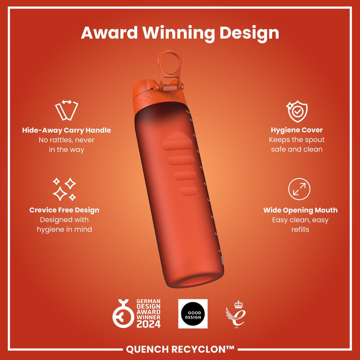ION8 Leak Proof 1 litre Water Bottle, Recyclon, Hearty Orange, 1L