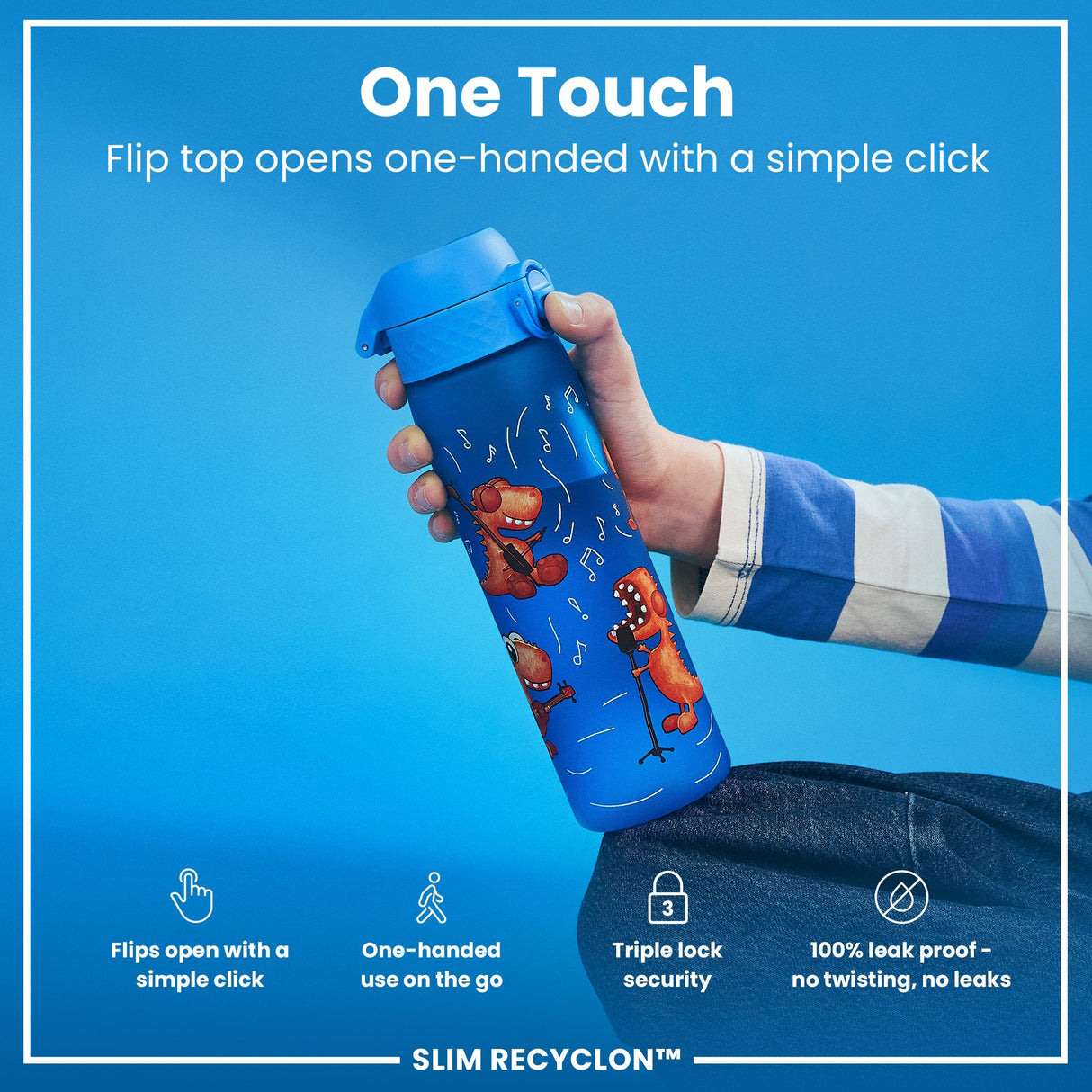 ION8 Leak Proof Slim Water Bottle, Recyclon, Dino Band, 500ml (18oz)