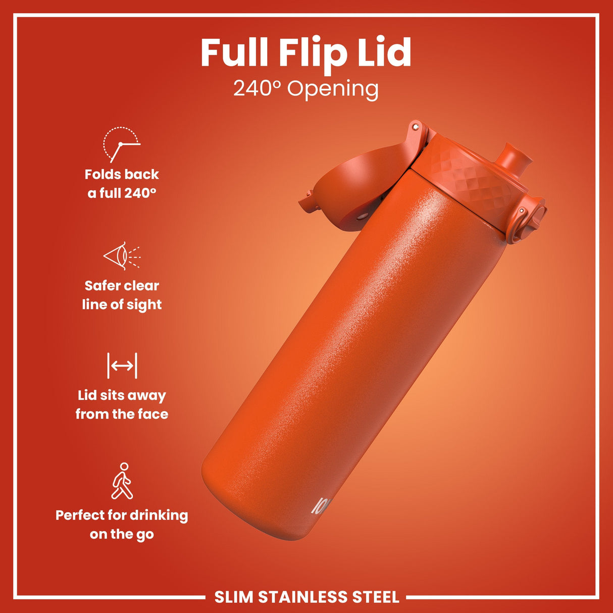 ION8 Leak Proof Slim Water Bottle, Stainless Steel, Hearty Orange, 600ml (20oz)