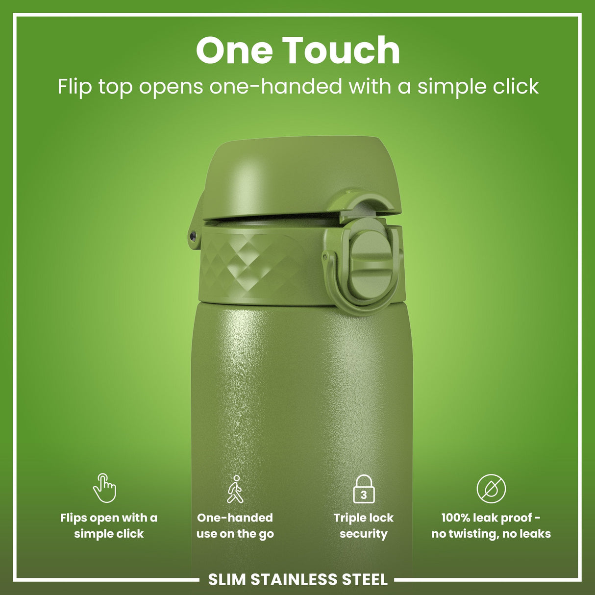 ION8 Leak Proof Slim Water Bottle, Stainless Steel, Khaki Green, 600ml (20oz)