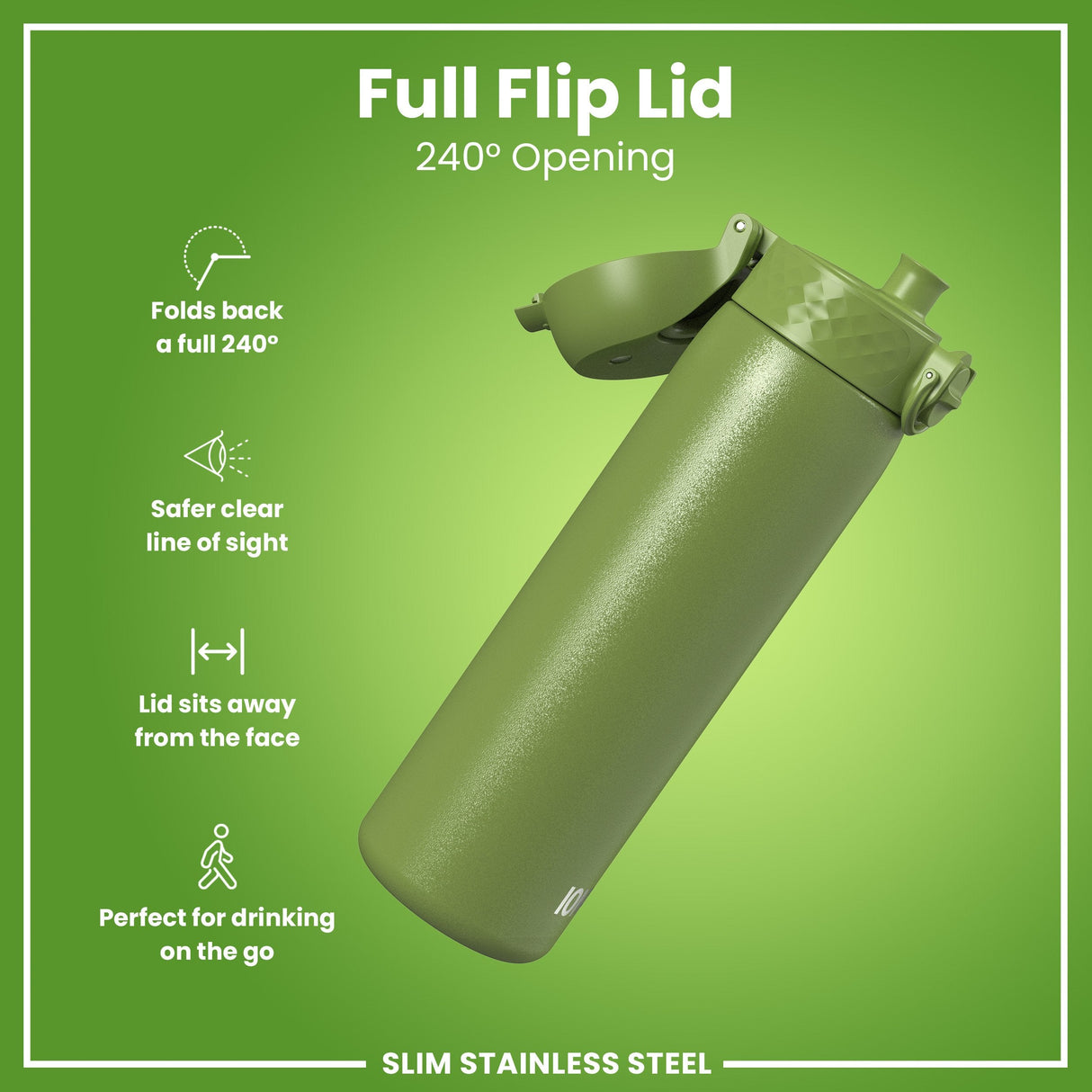 ION8 Leak Proof Slim Water Bottle, Stainless Steel, Khaki Green, 600ml (20oz)