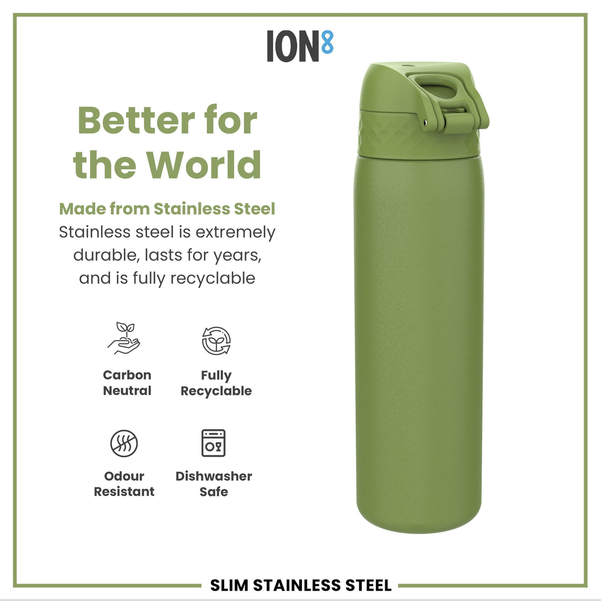 ION8 Leak Proof Slim Water Bottle, Stainless Steel, Khaki Green, 600ml (20oz)