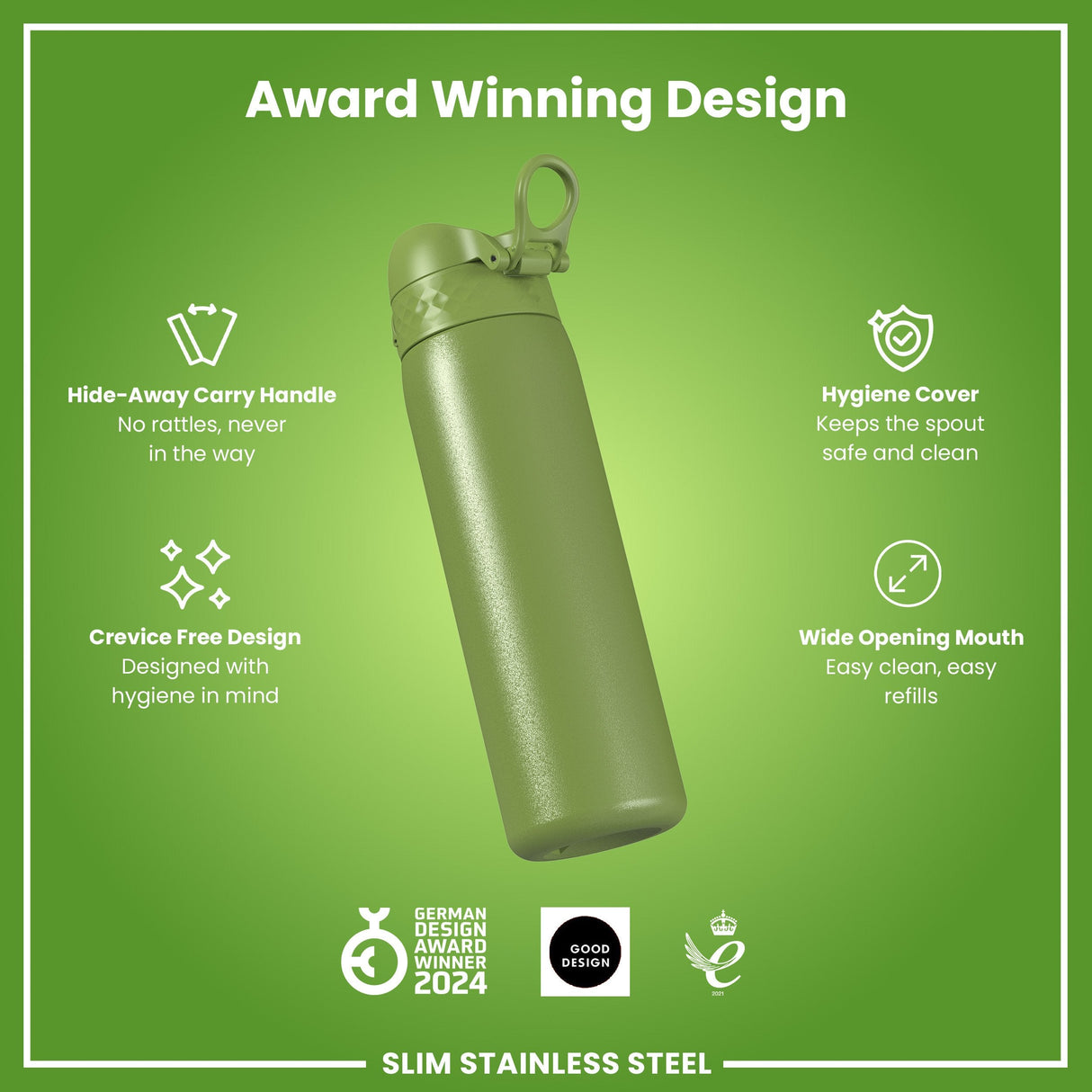 ION8 Leak Proof Slim Water Bottle, Stainless Steel, Khaki Green, 600ml (20oz)