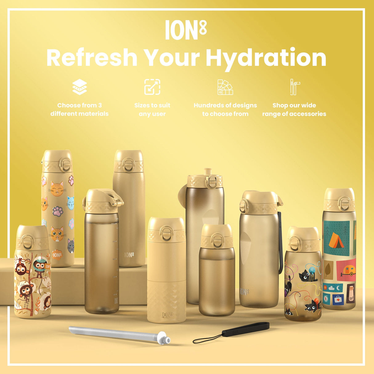ION8 Leak Proof Slim Water Bottle, Stainless Steel, Diggers, 600ml (20oz)