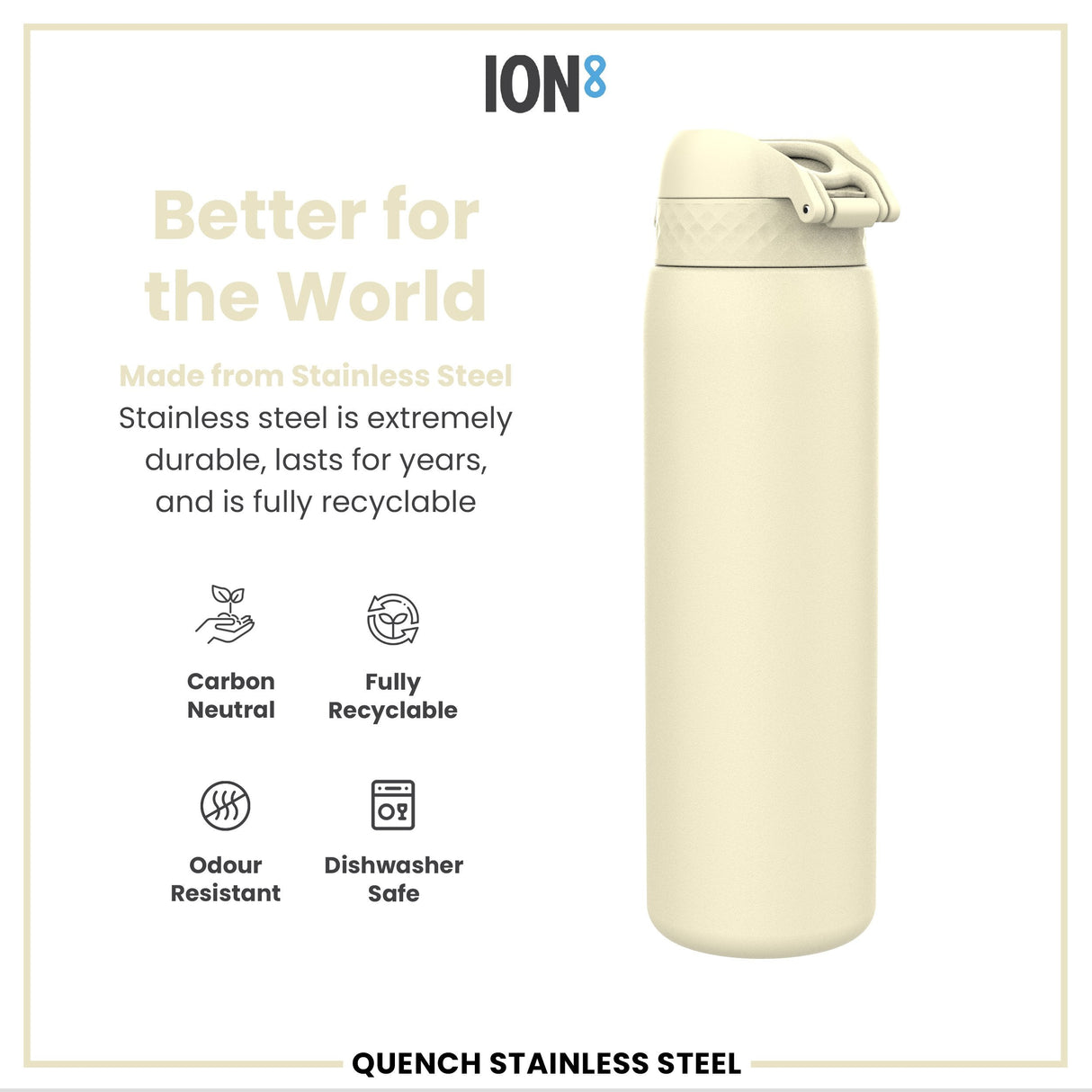 ION8 Leak Proof 1 Litre Water Bottle, Stainless Steel, Creamy White, 1L
