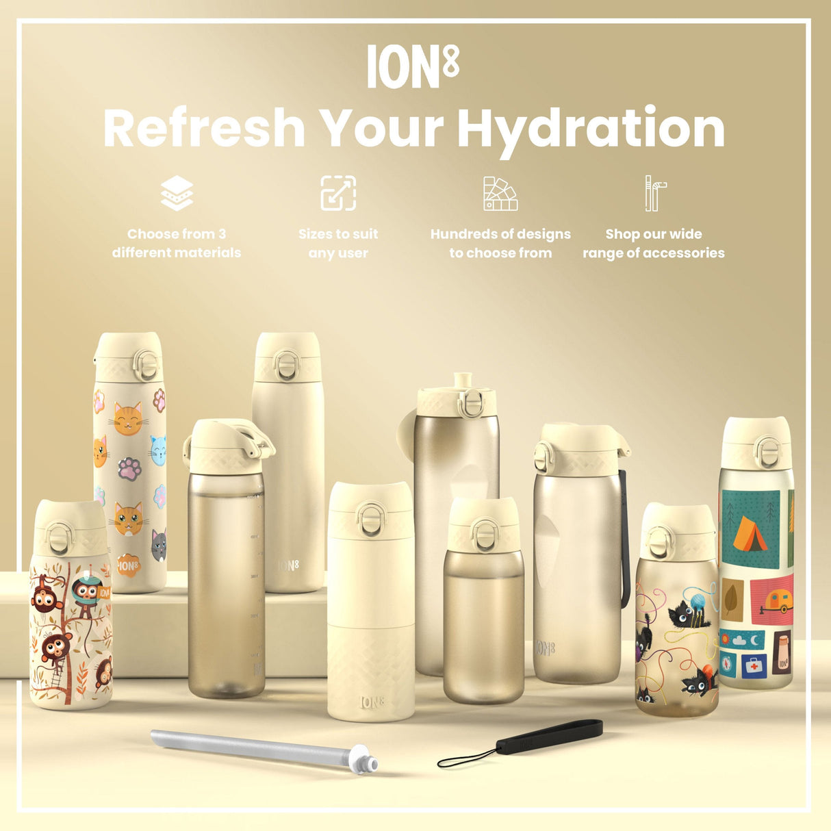 ION8 Leak Proof 1 Litre Water Bottle, Stainless Steel, Creamy White, 1L