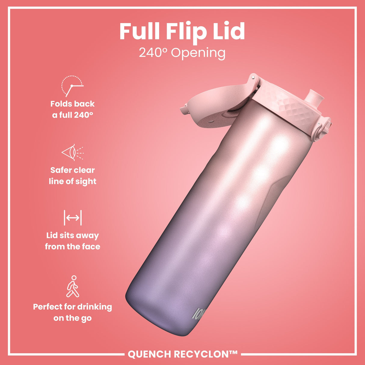 ION8 Leak Proof Water Bottle with Times to Drink, Recyclon, Purple & Rose, 1L