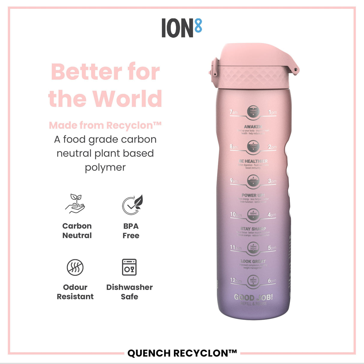 ION8 Leak Proof Water Bottle with Times to Drink, Recyclon, Purple & Rose, 1L
