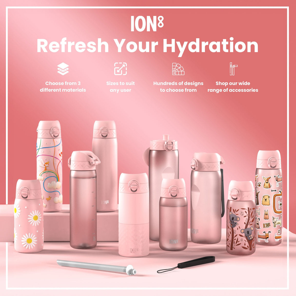 ION8 Leak Proof Water Bottle with Times to Drink, Recyclon, Purple & Rose, 1L