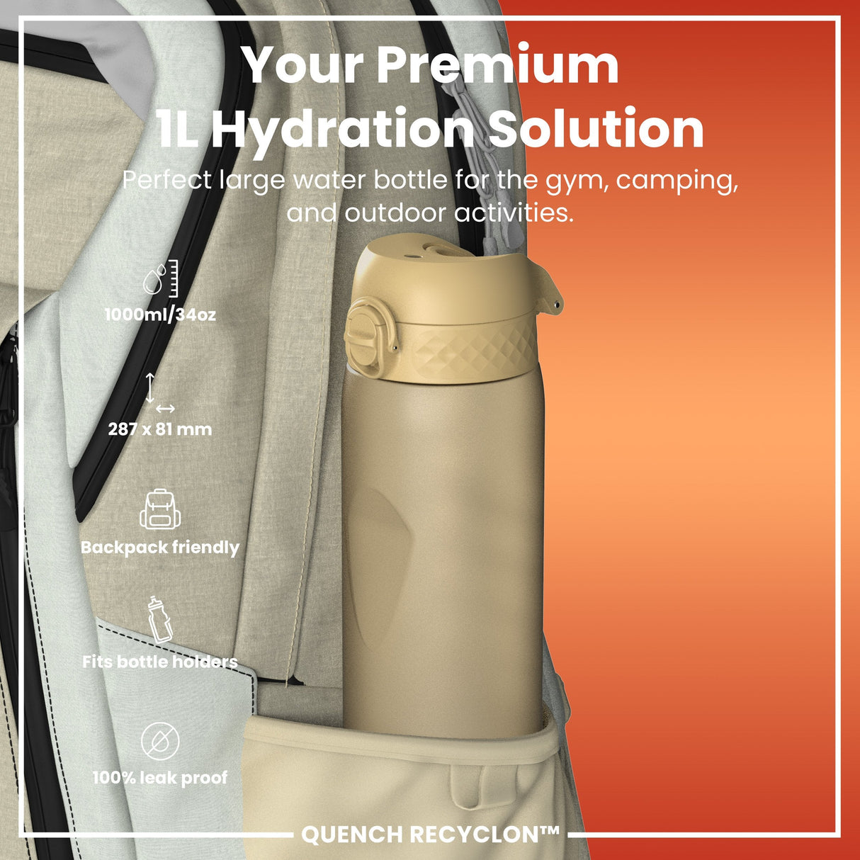 ION8 Leak Proof 1 litre Water Bottle, Recyclon, Desert, 1L