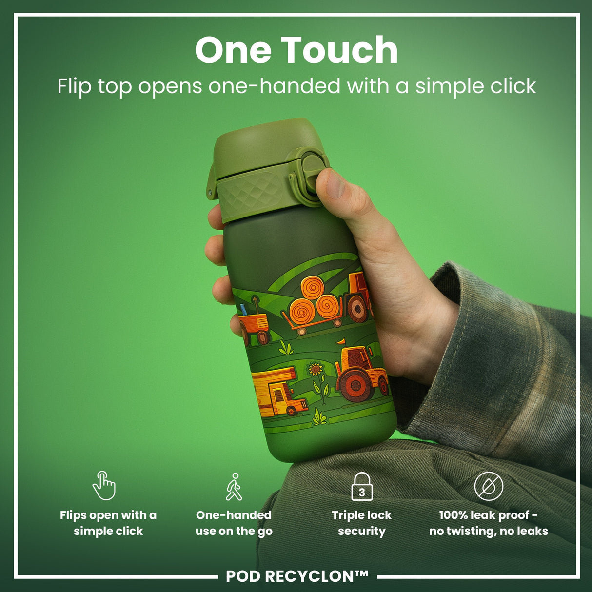 ION8 Leak Proof Kids Water Bottle, Recyclon, Farming Machines, 350ml (12oz)