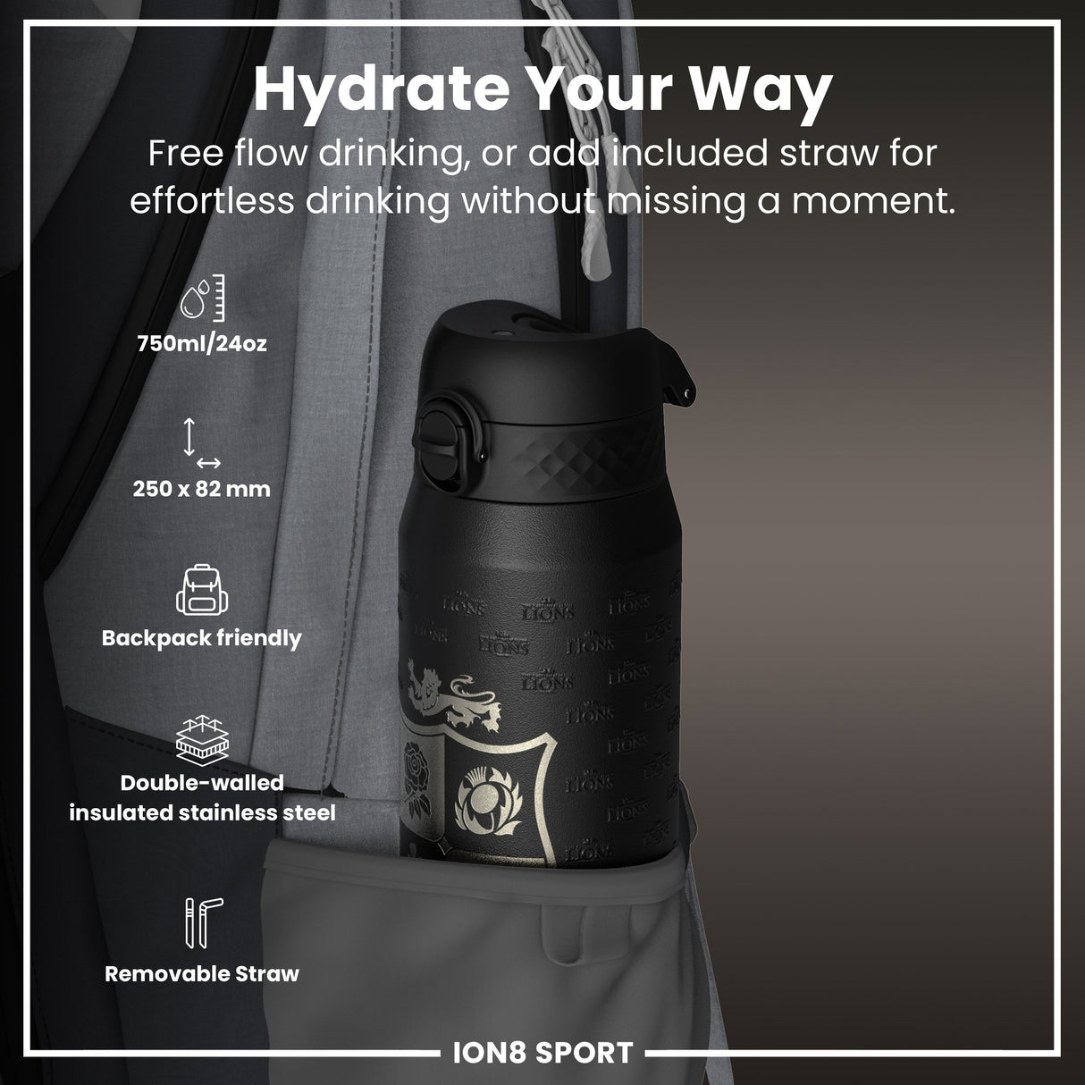 Lions X ION8 Insulated Steel Water Bottle, Nothing Like The Lions, 750ml (24oz)