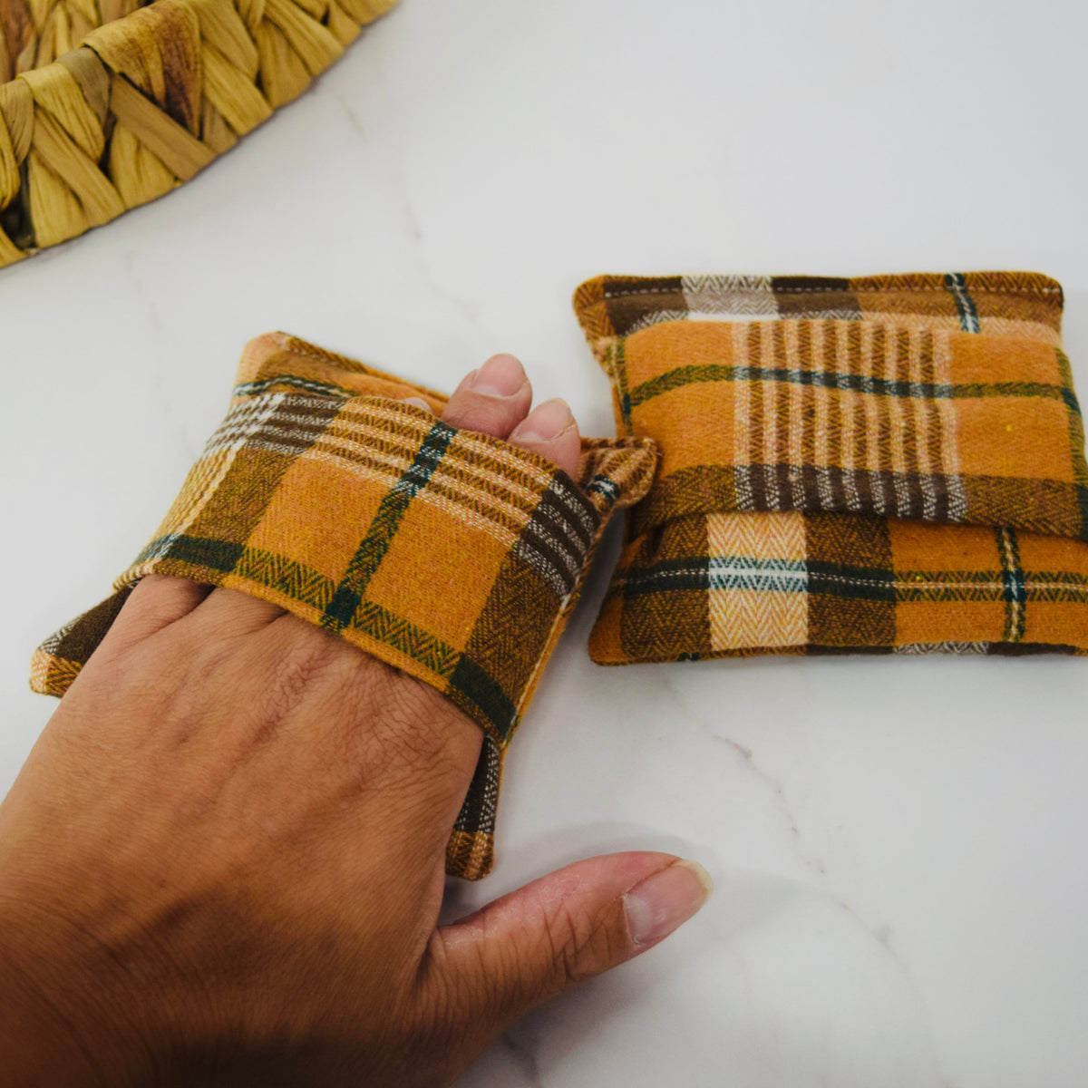 Lou-bees Soft Burnt Orange Highland Tartan Hand Warmers