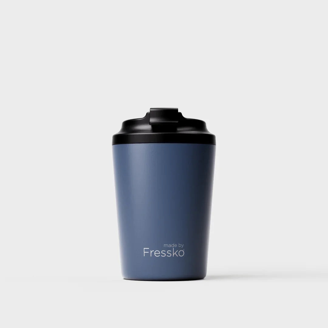 Fressko Denim reusable stainless steel travel mug with insulated leakproof lid