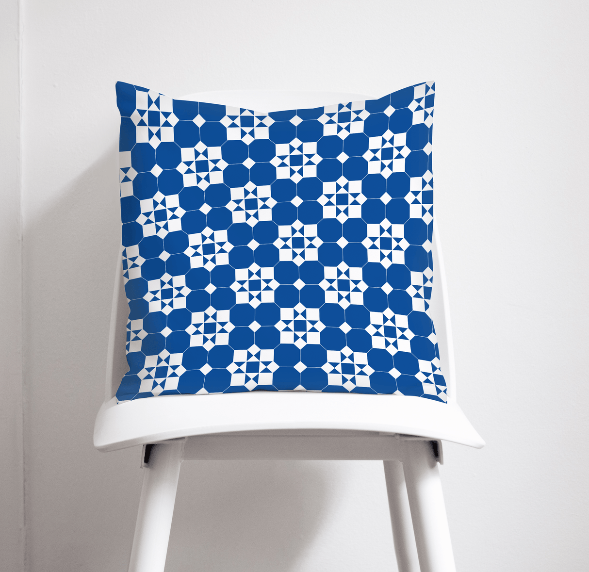Shadowbright Blue and White Geometric Tiles Design Cushion, Throw Pillow