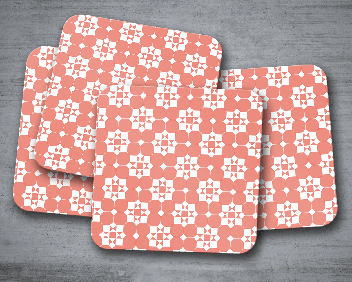 Shadowbright Coral and White Geometric Tiles Design Coasters, Table Decor Drinks Mat