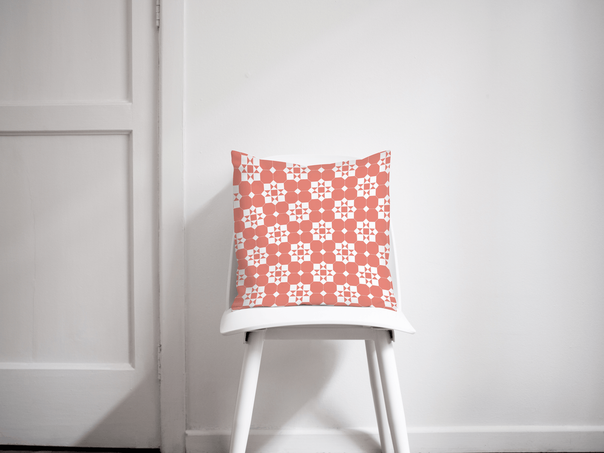 Shadowbright Coral and White Geometric Tiles Design Cushion, Throw Pillow