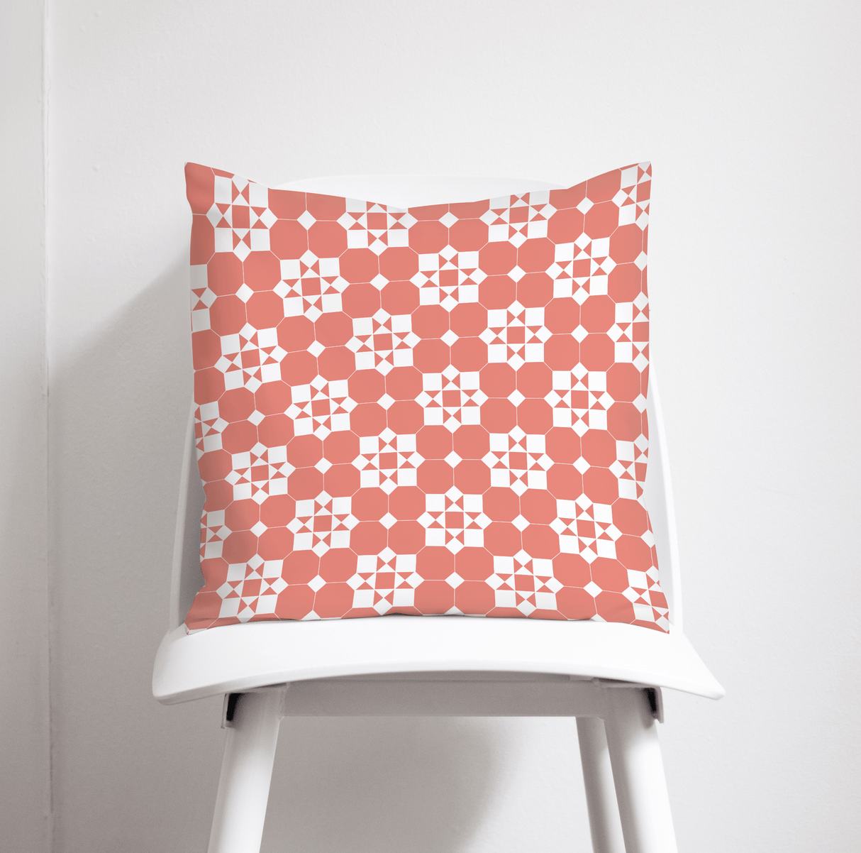 Shadowbright Coral and White Geometric Tiles Design Cushion, Throw Pillow