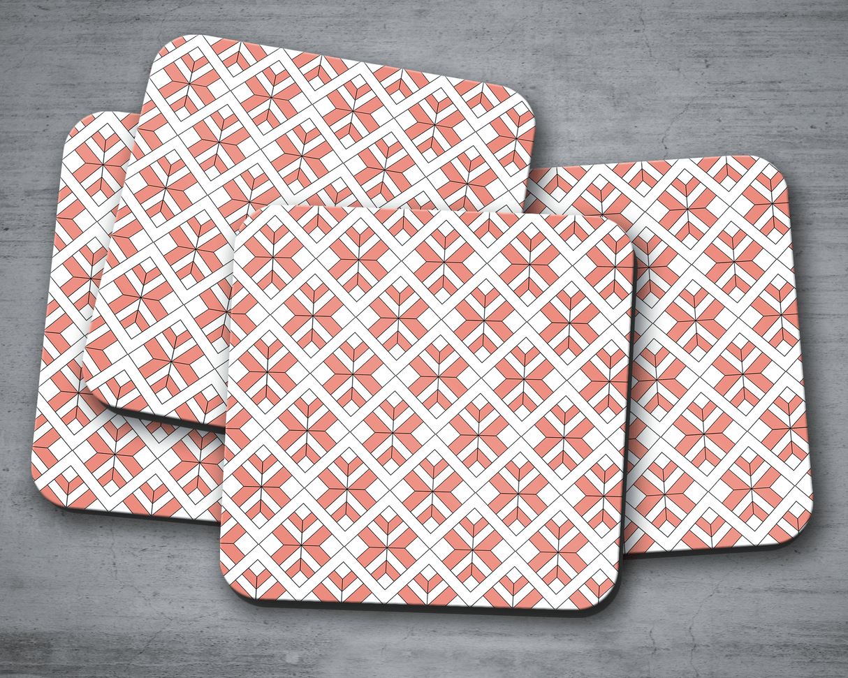 Shadowbright Coral/White Geometric Design Coasters - Set of 4