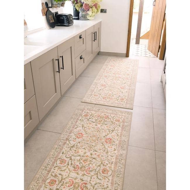 The Rugs - Eco-Washable Beige Rug Flowers Design