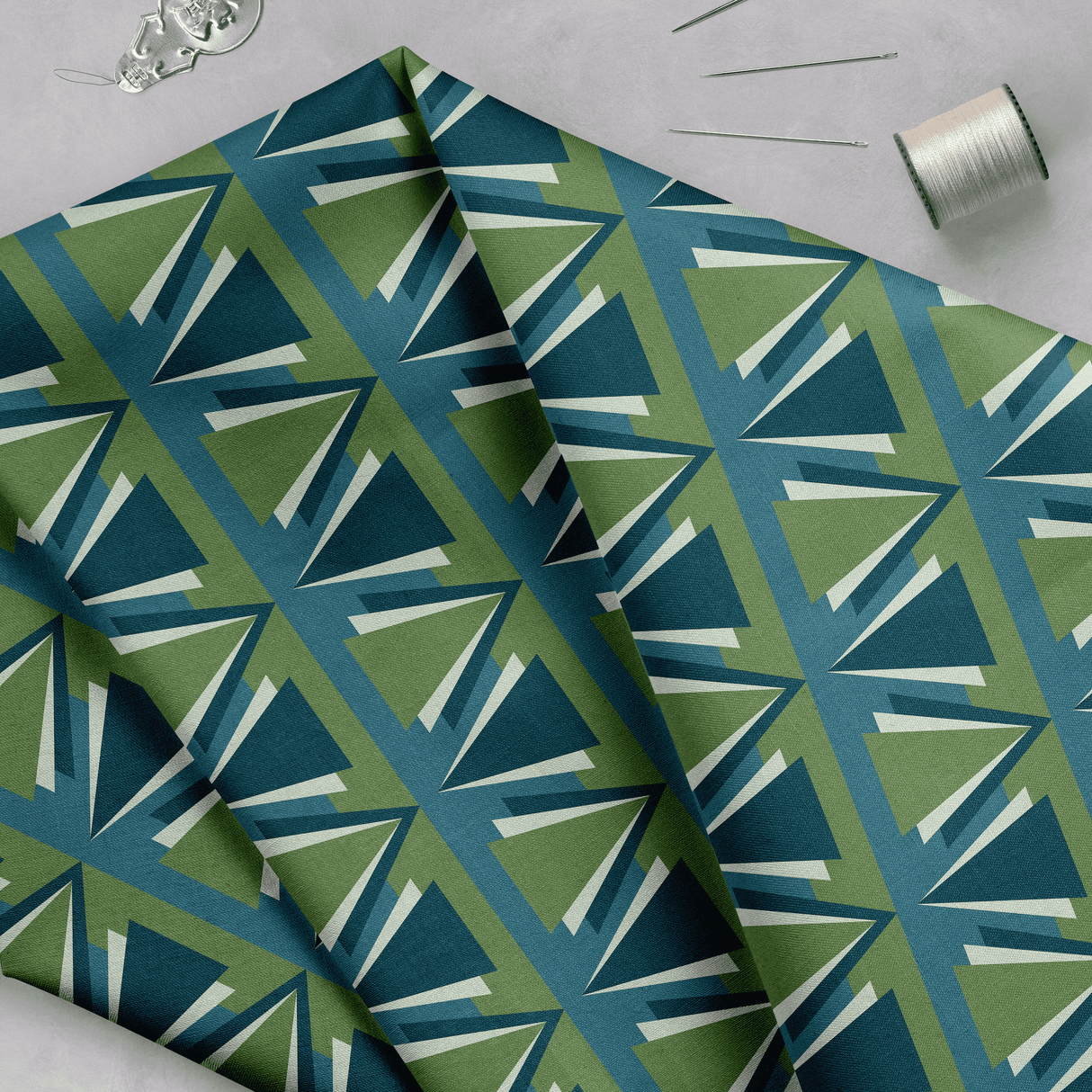 Shadowbright Green and Blue Art Deco Geometric Drill Fabric - 100% Cotton