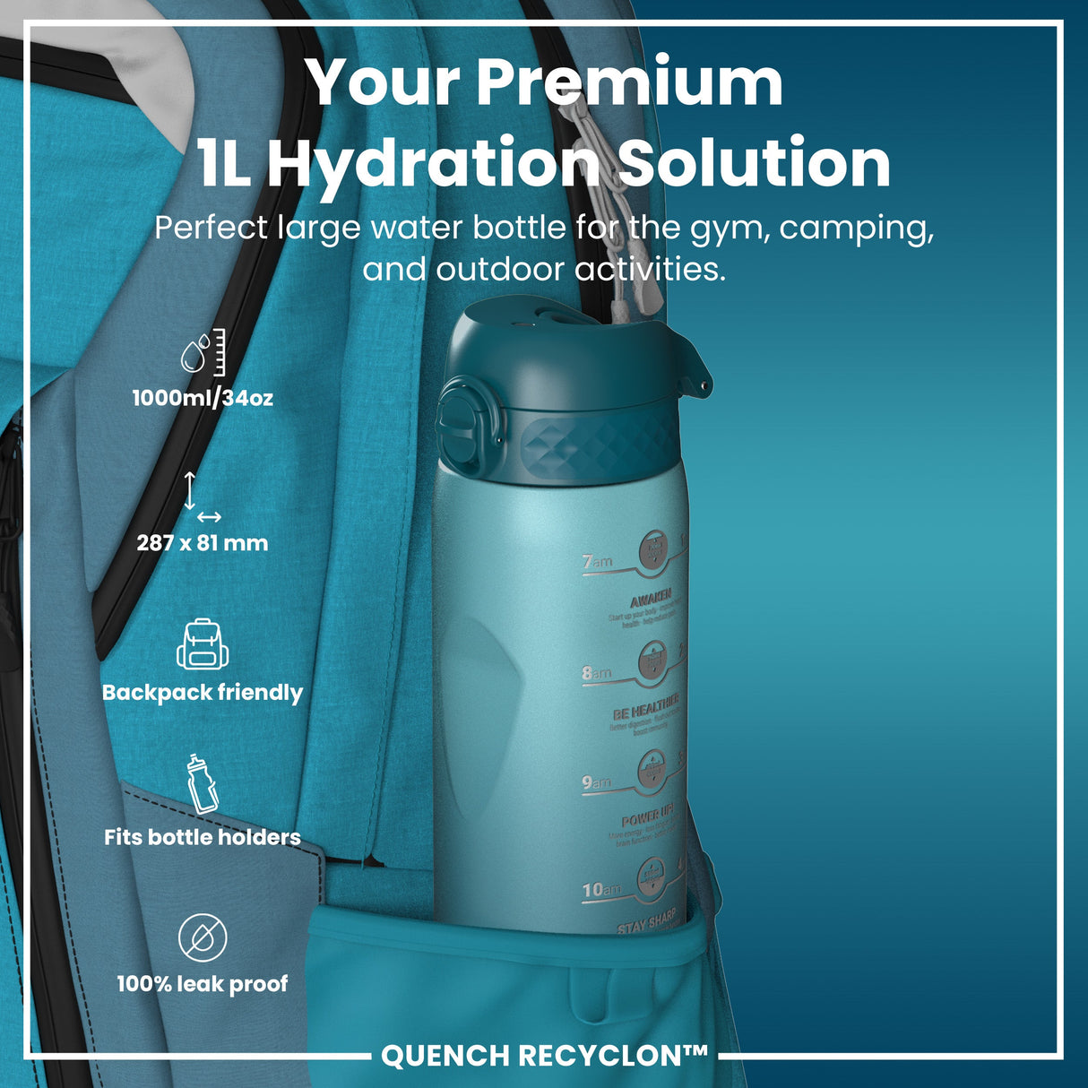 ION8 Leak Proof 1 Litre Water Bottle with Times to Drink, Recyclon, Teal & Blue, 1L