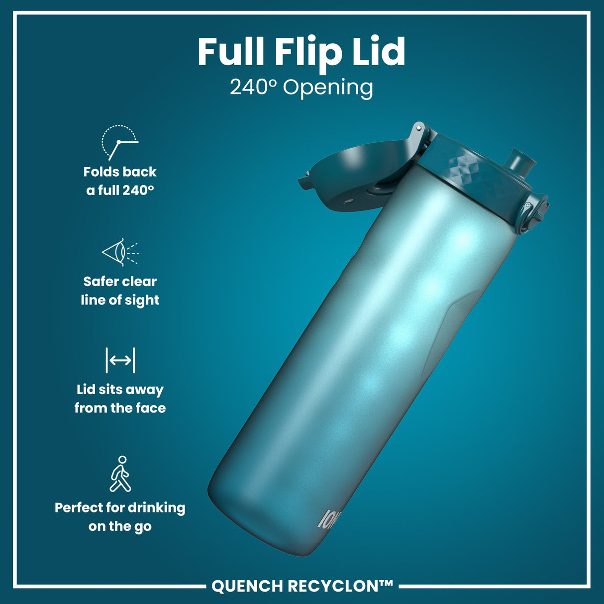 ION8 Leak Proof 1 Litre Water Bottle with Times to Drink, Recyclon, Teal & Blue, 1L