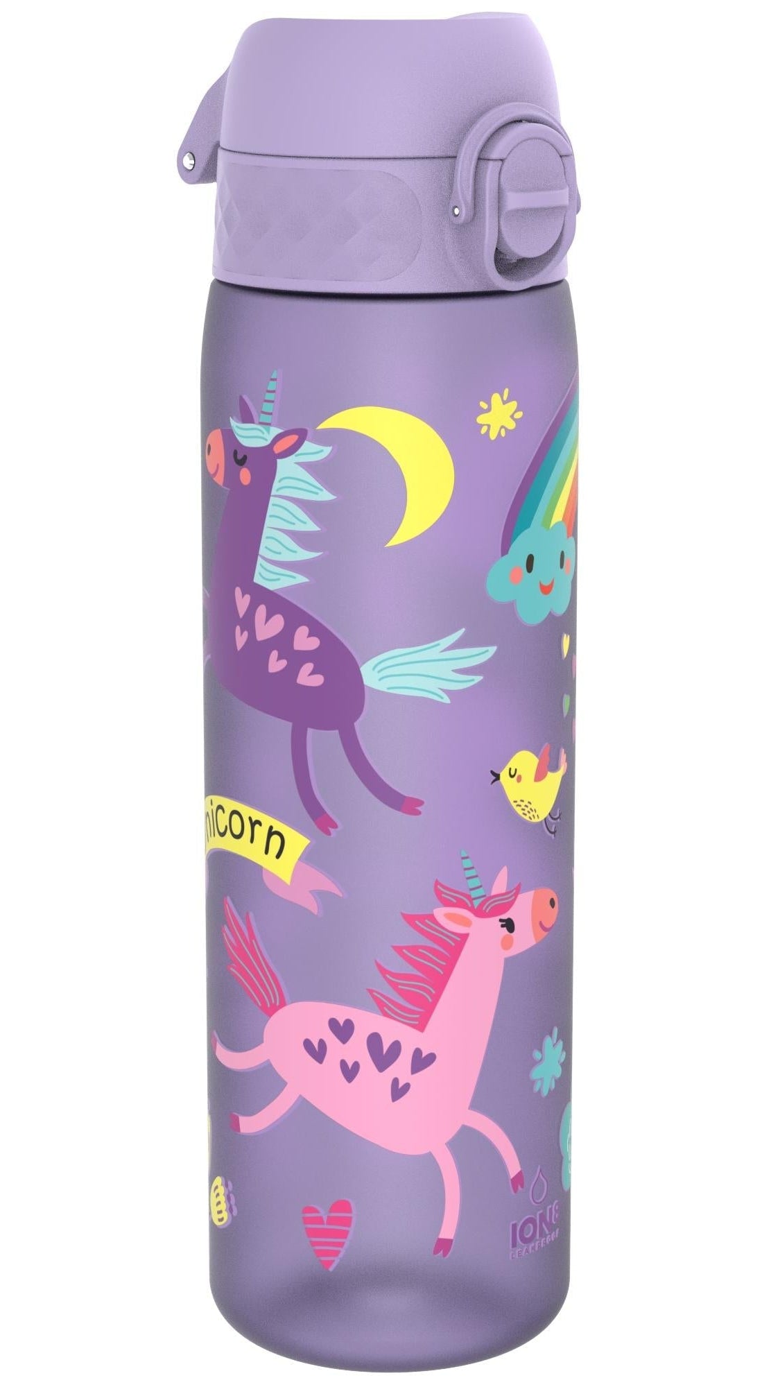 ION8 Leak Proof Slim Water Bottle, Recyclon, Purple Unicorns, 500ml (18oz)