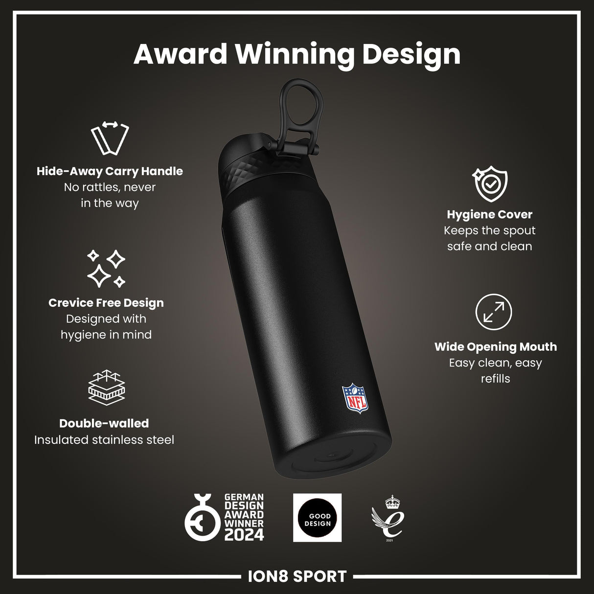 NFL x ION8 Insulated Steel Water Bottle, NFL Ravens, 750ml (24oz)