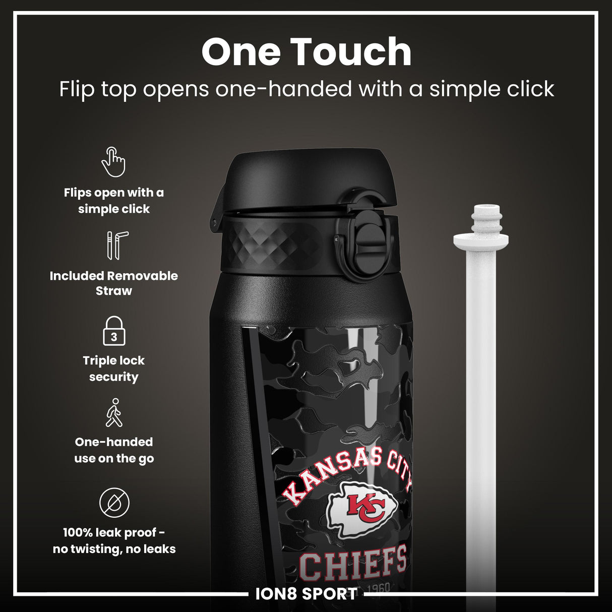 NFL x ION8 Insulated Steel Water Bottle, NFL Chiefs, 750ml (24oz)